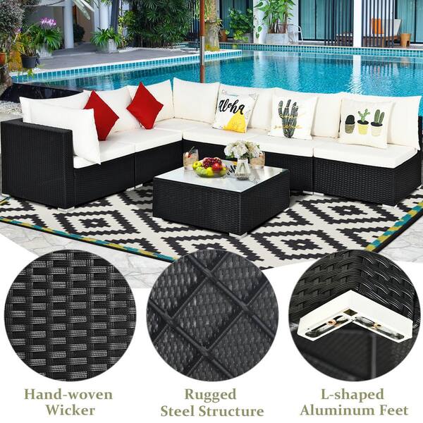 7 Piece Outdoor Sectional Wicker Patio Sofa Set with Tempered Glass Top Beige