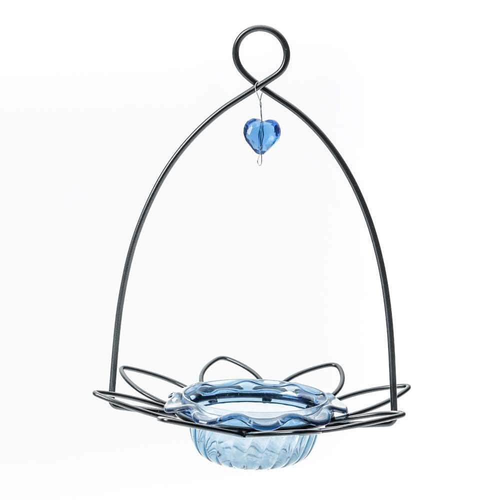 Blue Hanging Metal and Plastic Bird Feeder with Acrylic Cup