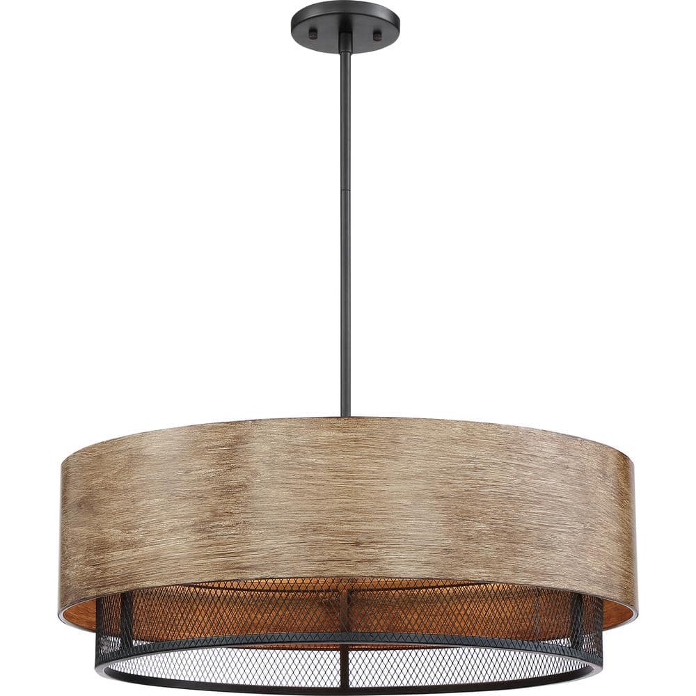 Nuvo Black and Honey Wood Drum Pendant Light