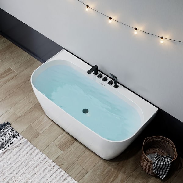 59 in. x 28.7 in. Freestanding Acrylic Soaking Bathtub in White/Matte Black with Faucet and Showerhead