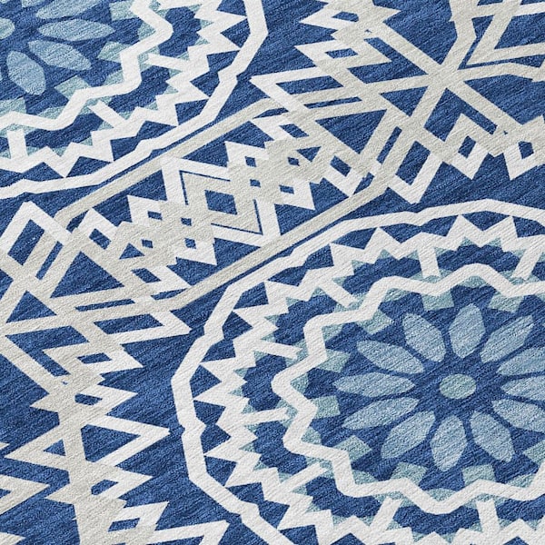 Navy Blue, Ivory, Gray 8 ft. Round Woven Floral, Medallion Polyester Round Indoor/Outdoor Area Rug