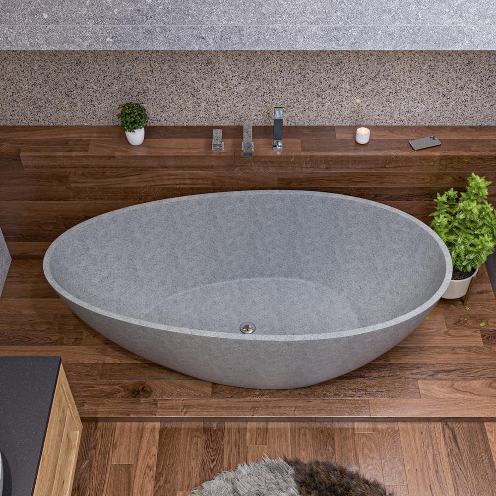 72'' Gray Matte Freestanding Oval Concrete Soaking Bathtub