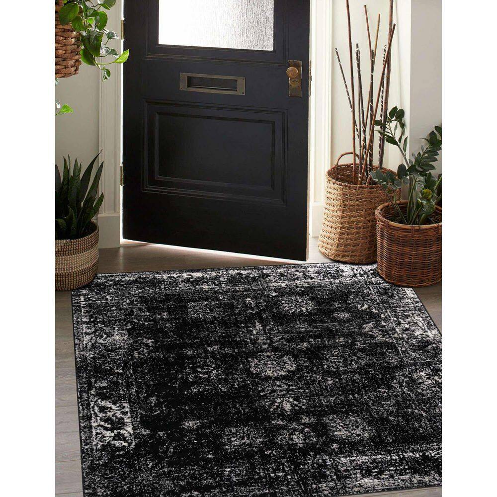 Sofia Collection Black and Ivory 6' Square Synthetic Area Rug