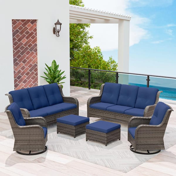 MeetLeisure Brown 6-Piece Wicker Patio Conversation Set Rattan Seating Set with Blue Cushion