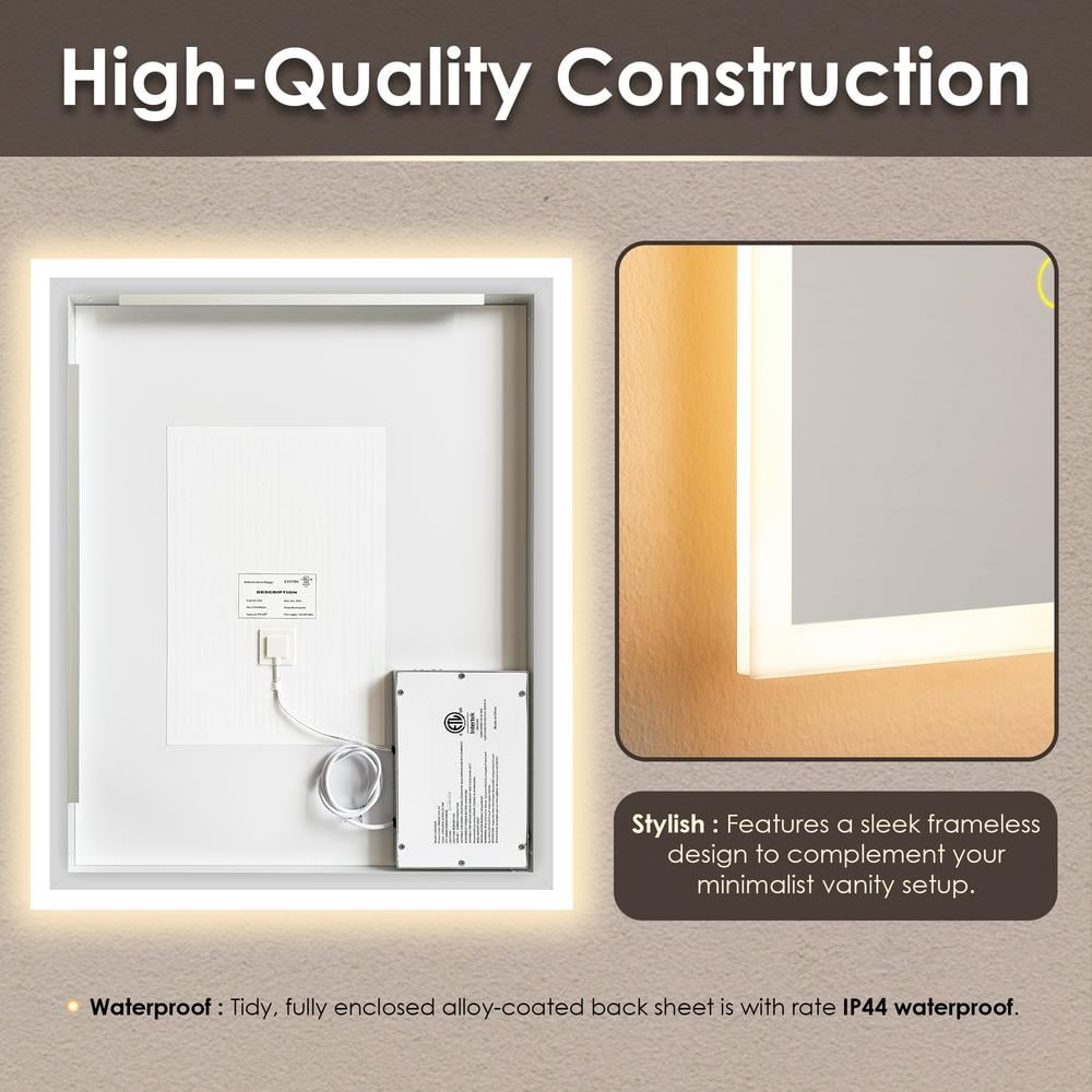 36" x 30" Frameless LED Vanity Mirror with Anti-Fog Technology