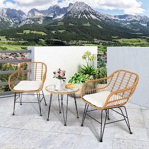 3-Piece Wicker Rattan Patio Outdoor Bistro Set Conversation Furniture Set with White Cushions
