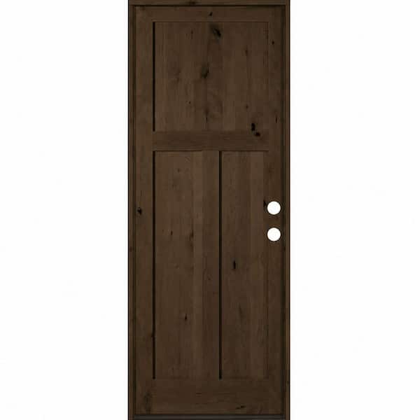 32 in. x 96 in. Rustic Knotty Alder 3 Panel Left-Hand/Inswing BEHR Espresso Stain Wood Prehung Front Door