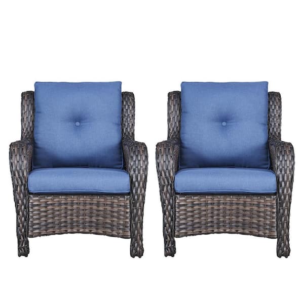 Brown Wicker Outdoor Patio Lounge Chair with CushionGuard Blue Cushions (2-Pack)