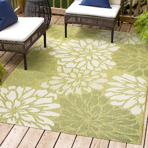 Zinnia Modern Floral Textured Weave Green/Cream 3 ft. x 5 ft. Indoor/Outdoor Area Rug