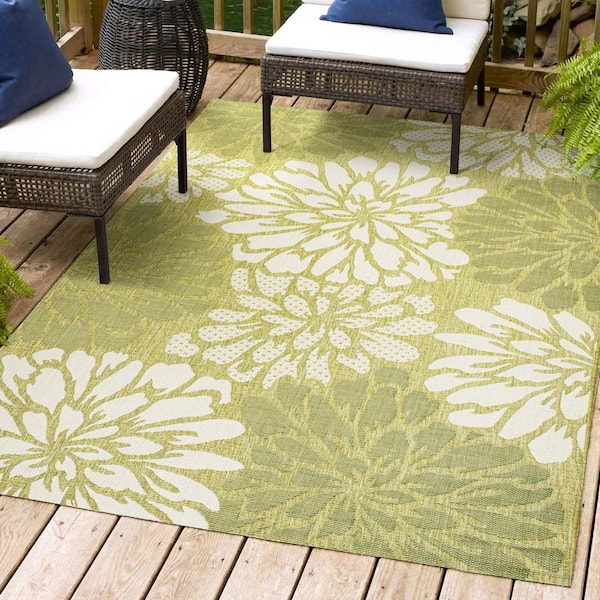 Green/Cream 9 ft. x 12 ft. Zinnia Modern Floral Textured Weave Indoor/Outdoor Area Rug