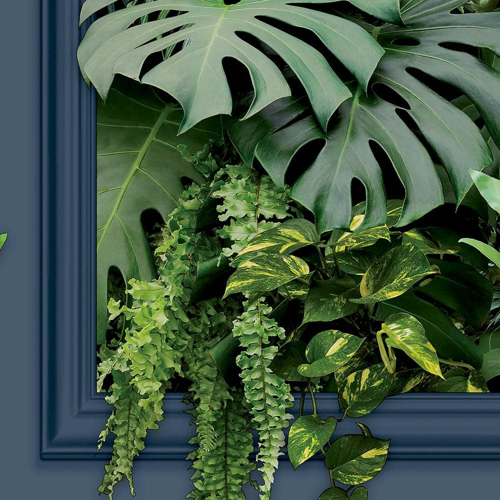 Tropical Green Leaves 3D Blue Panel Peel and Stick Wallpaper