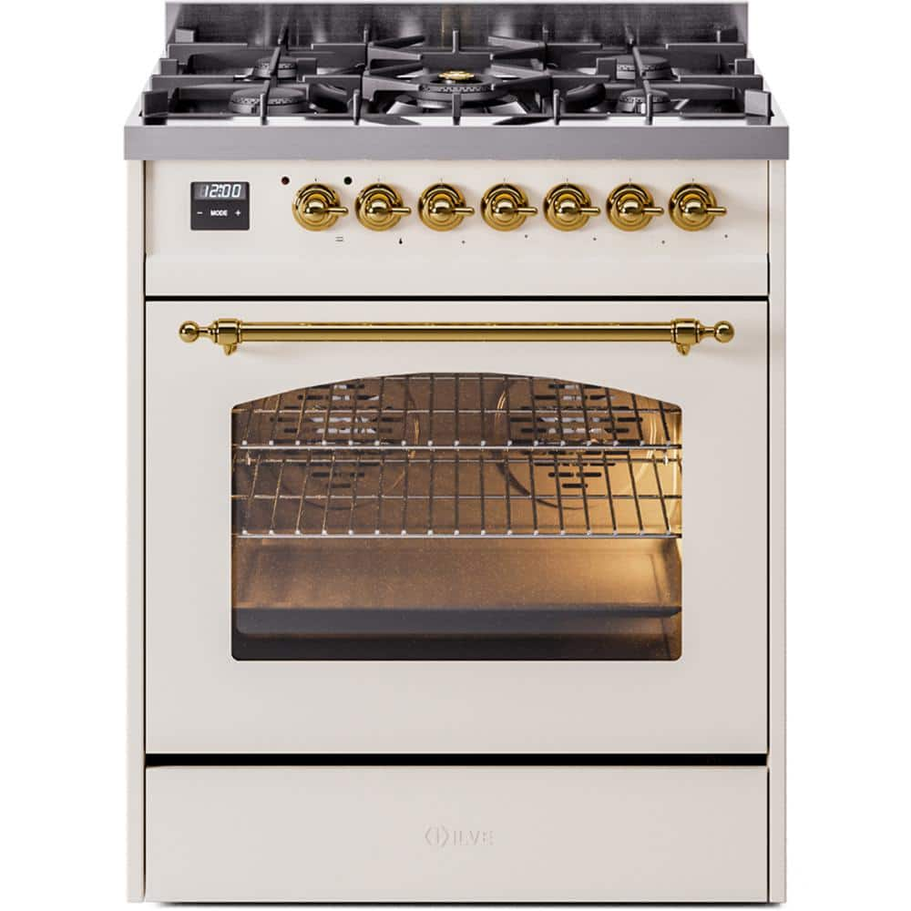 Nostalgie II 30 in. 5-Burner Freestanding Dual Fuel Range in Antique White with Brass Trim -  ILVE, UP30NMPAWG