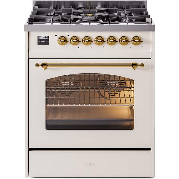 Nostalgie II 30 in. Dual Fuel Natural Gas Range with 5-Burners, Brass Trim in Antique White