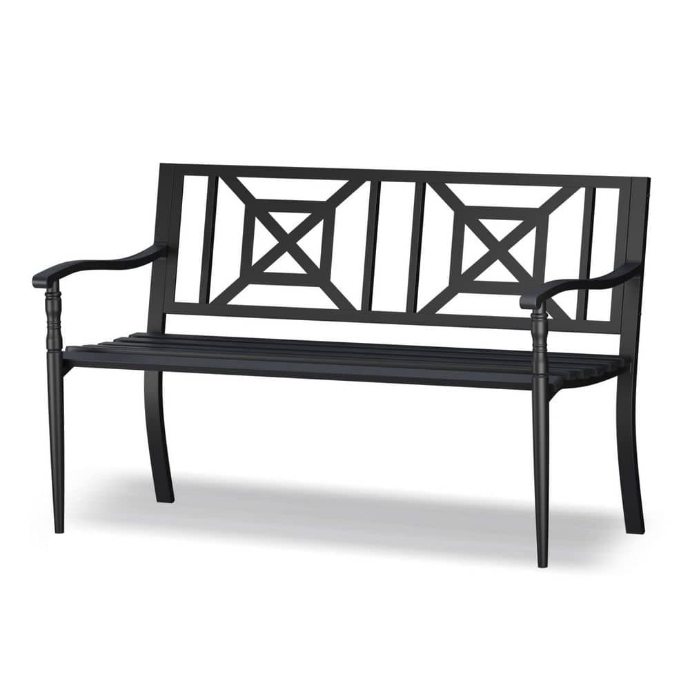 Black metal outdoor patio bench with a geometric backrest.