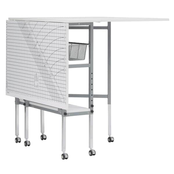 Sew Ready Mobile Folding Height Adjustable Quilting Fabric Cutting Table with Grid Top and Storage in Silver/White