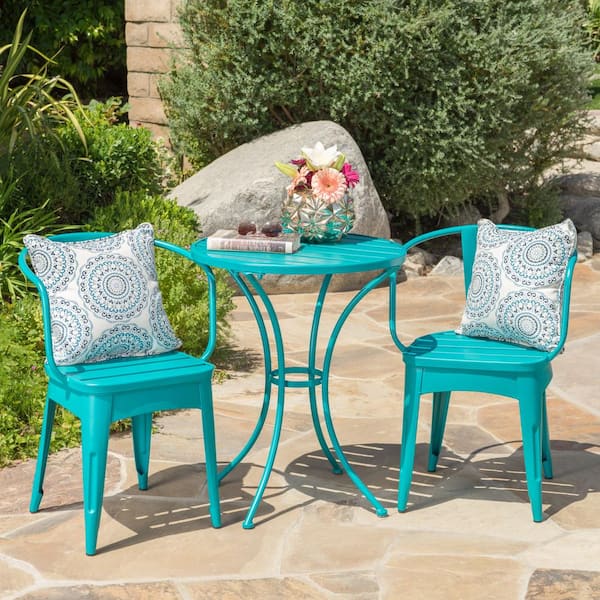Matte Teal 3-Piece Metal Round Outdoor Patio Bistro Set