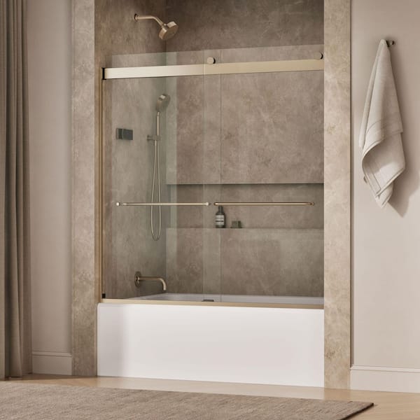 Levity 56-60 in W x 62 in H Semi Frameless Sliding Tub Door in Anodized Brushed Bronze with 1/4 in Thick Clear Glass