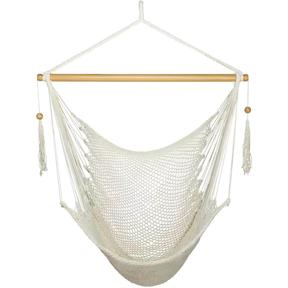 Caribbean Style Hammock Swing Chair with Spreader Bar, Rope Hanging Hammock Chair Supports 300 lbs, White