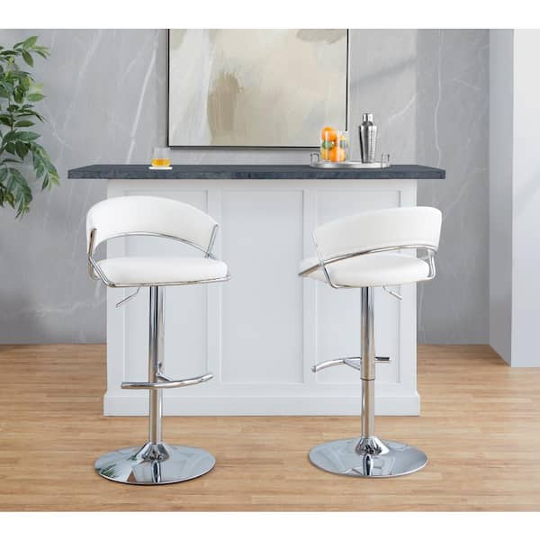 Jie 32.5 in. White Faux Leather and Chrome Metal Adjustable Metal Bar Stool with Rounded T-Footrest (Set of 2)