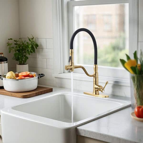Modern High-Arc Single Handle Pull Down Sprayer Kitchen Faucet with Pre-installed Hose and Deckplate in Brushed Gold