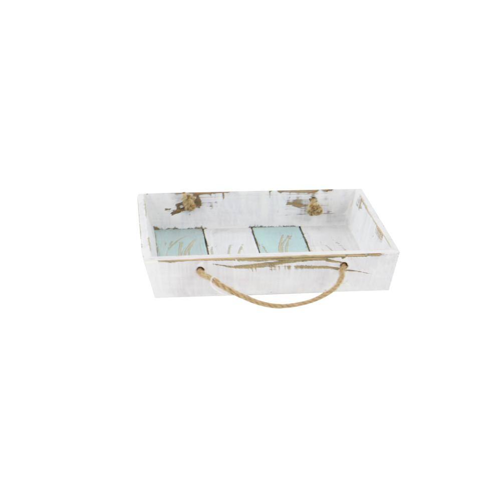 Nautical White and Blue Wood Rectangular Tray Set with Jute Handles