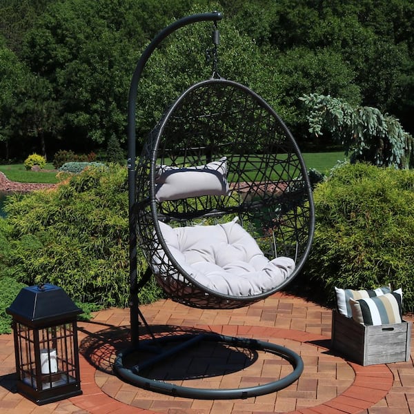 Steel Frame Resin Wicker Hanging Egg Chair Outdoor Patio Furniture with Cushion and Stand Espresso 