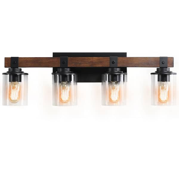 PUDO 27.2 in. 4-Light Farmhouse Black Bathroom Vanity Light with Clean Glass Shade