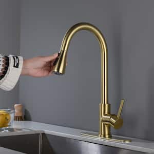 Single Handle No Sensor Surface Mount Pull Down Sprayer Kitchen Faucet Deckplate Not Included in Brushed Steel Gold