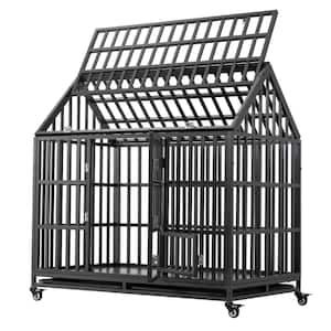 47.2 in. Black Heavy-Duty Dog Cage Pet Crate with Roof and Wheels
