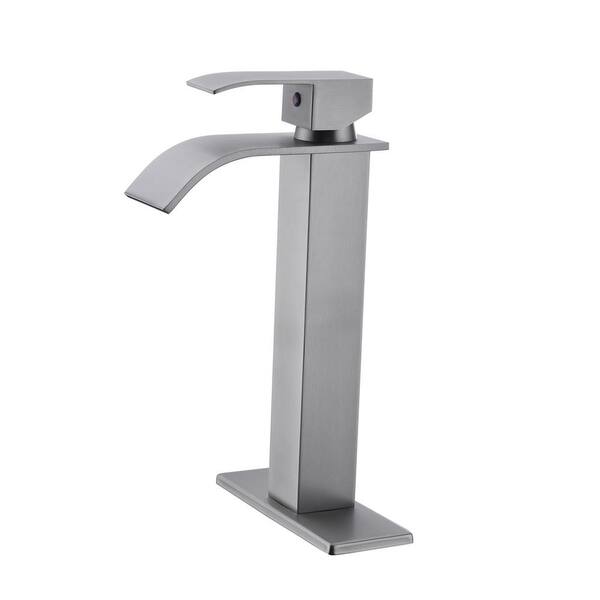 FLG Single Handle Waterfall Bathroom Vessel Sink Faucet Single Hole Modern Stainless Steel High Tall Taps in Brushed Nickel