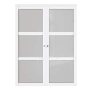 60 in. x 80 in. 3-Lite Tempered Frosted Glass Solid Core White Finished Pivot Bi-fold Door with Pivot Hardware