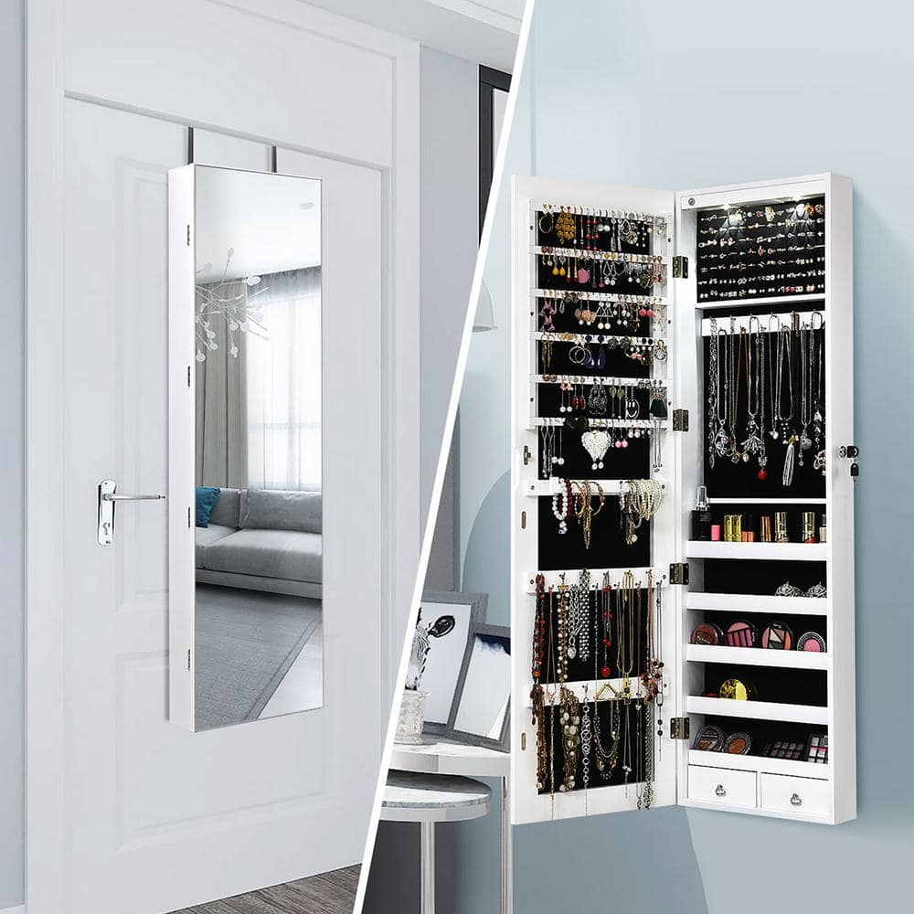 Elegant White Wall-Mounted Mirrored Jewelry Cabinet with LED Lights