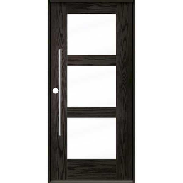 Krosswood Doors Modern Faux Pivot 36 in. x 80 in. 3-Lite Right-Hand/Inswing Clear Glass Baby Grand Stain Fiberglass Prehung Front Door
