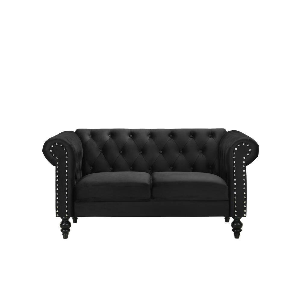 Emma Black Velvet Loveseat and Sofa Set with Silver Accents