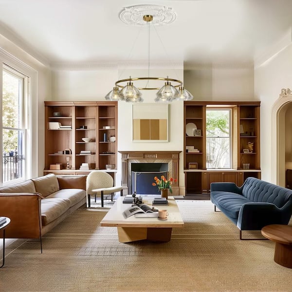 Mid-century Modern 6-light Brass Chandelier for Dining Room, Wagon Wheel Chandelier with Barn Mercury Glass Shade