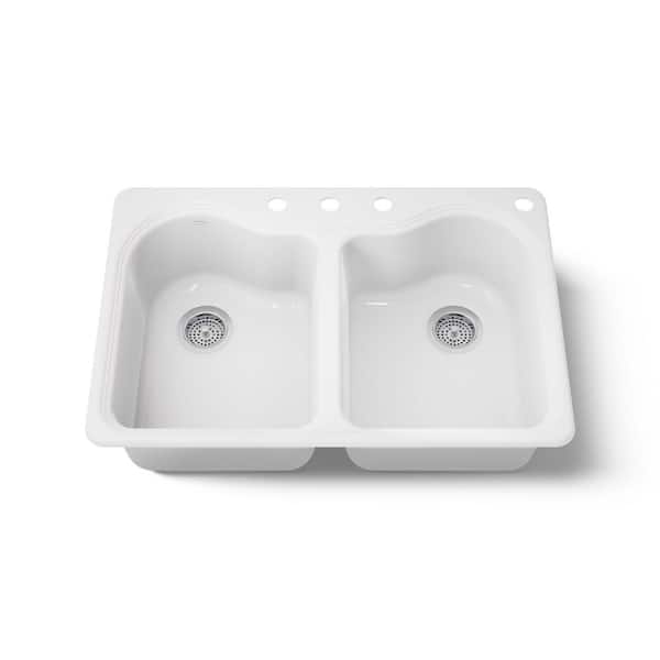 Hartland Drop-In Cast Iron 33 in. 4-Hole Double Bowl Kitchen Sink in White