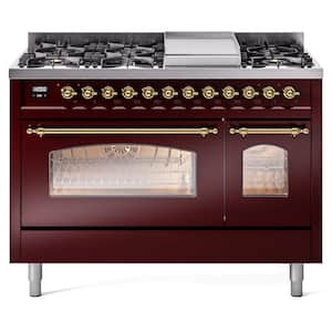 Nostalgie II 48 in. 8-Burner Plus Griddle Double Oven Natural Gas Dual Fuel Range in Burgundy with Brass Trim