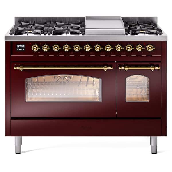 ILVE Nostalgie II 48 in. 8-Burner Plus Griddle Double Oven Natural Gas Dual Fuel Range in Burgundy with Brass Trim
