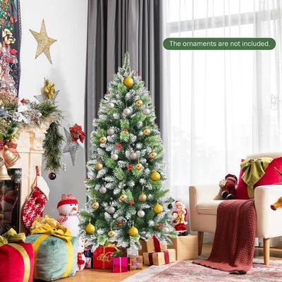 5 ft. Unlit Snowy Hinged Pencil Artificial Christmas Tree with Red Berries