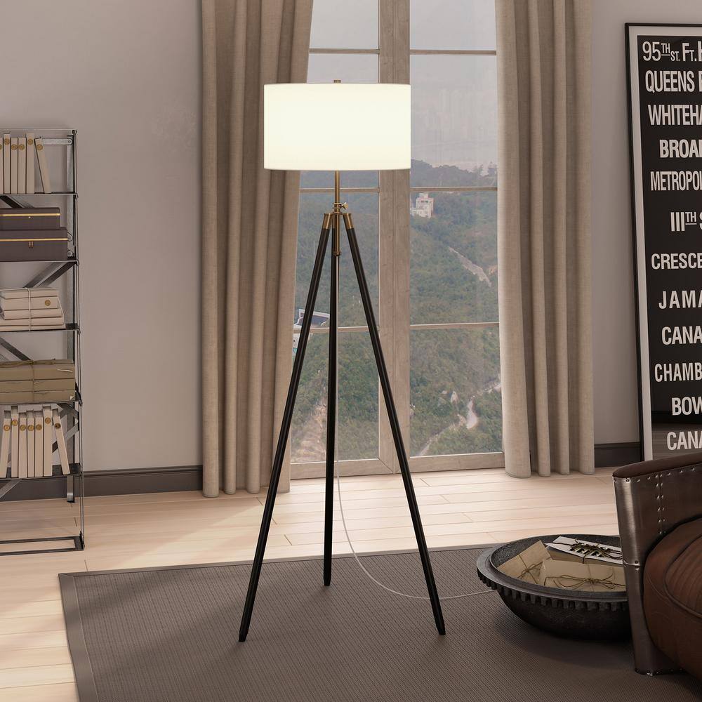 Elegant Two-Tone Tripod Floor Lamp with Linen Shade - Bronze and Brass