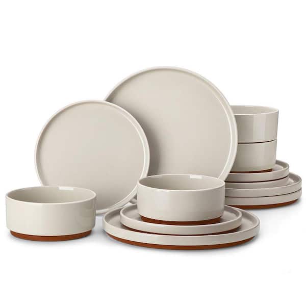 12-Piece Light Gray and Khaki Stoneware Dinnerware Set Service for 4-Dinner Set Round Bowls and Plates Set Tableware
