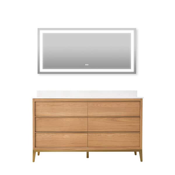 WELLFOR 60 in. W x 22 in. D x 35 in. H Double Sink Light Oak Bath Vanity with Carrera White Quartz Top with 60 in. LED Mirror
