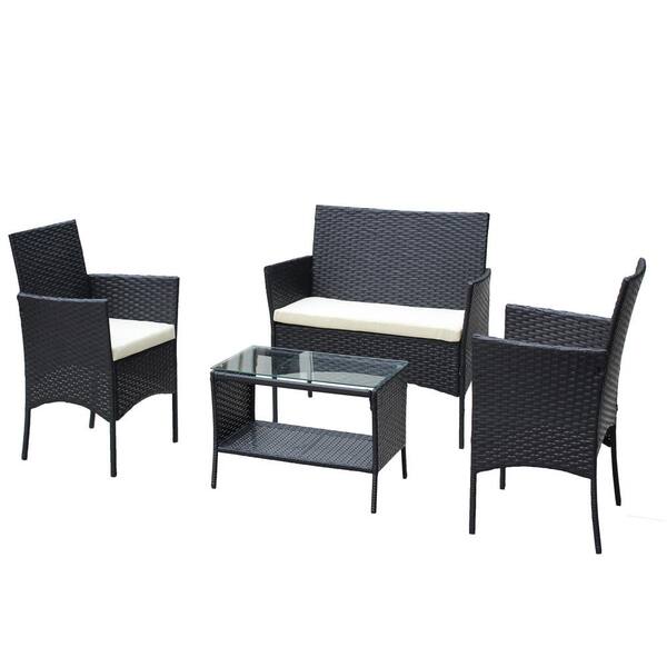 Sudzendf Black 4-Piece Wicker Market Patio Conversation Set with Beige Cushions