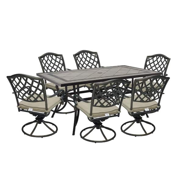 Clihome Bronze 7-Piece Aluminum Outdoor Dining Set with Beige Cushions