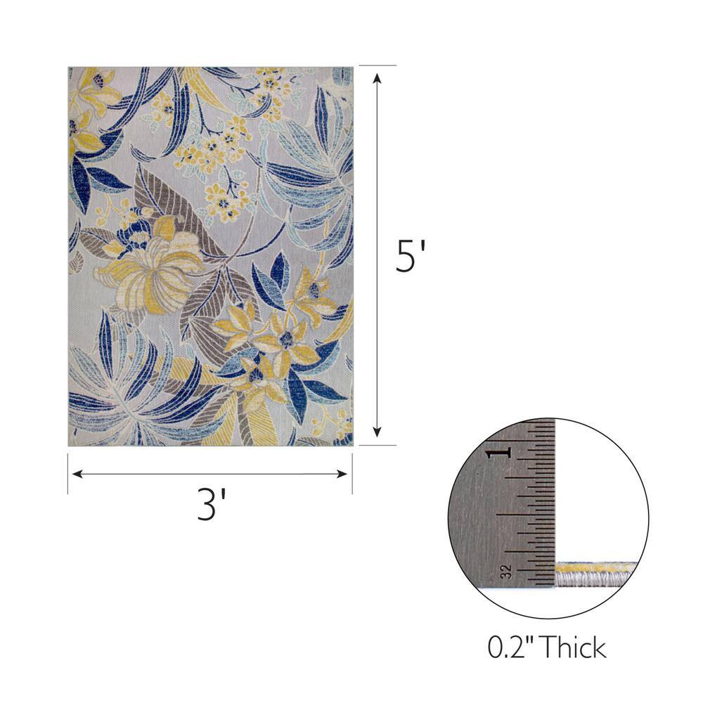 Blue Floral 3' x 5' Reversible Synthetic Area Rug