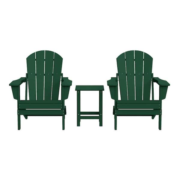 Laguna 3-Piece Fade Resistant Outdoor Patio HDPE Poly Plastic Folding Adirondack Chair Set with Side Table in Dark Green