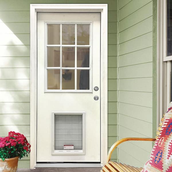 31-3/4 in. x 79 in. Reliant Series Clear 9-Lite White Primed Fiberglass Front Door Slab with Extra Large Pet Door