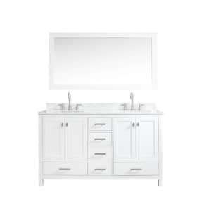 60 in. Double Sink Bath Vanity in White with Marble Top and Ceramics Sink 2 Soft-Close Doors and 5-Drawers