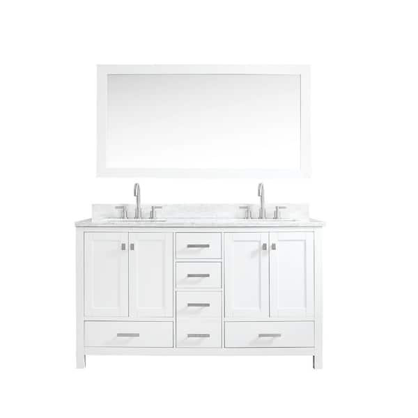 60 in. Double Sink Bath Vanity in White with Marble Top and Ceramics Sink 2 Soft-Close Doors and 5-Drawers
