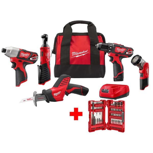 Milwaukee M12 12V Lithium-Ion Cordless Combo Kit (5-Tool) with SHOCKWAVE Impact Bit Set (45-Piece)